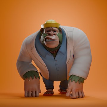 A 3D-rendered anthropomorphic gorilla wearing a straw hat, blue vest, and white jacket crouches on an orange background.
