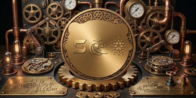 A steampunk-style golden medallion displaying the stylized "Surf" logo sits among intricate brass gears, pressure gauges, and vintage machinery. The mechanical, gear-driven aesthetic symbolizes the "surf" cryptocurrency ($surf) as it steadily recovers from a dip to $0.79 back toward $0.90.