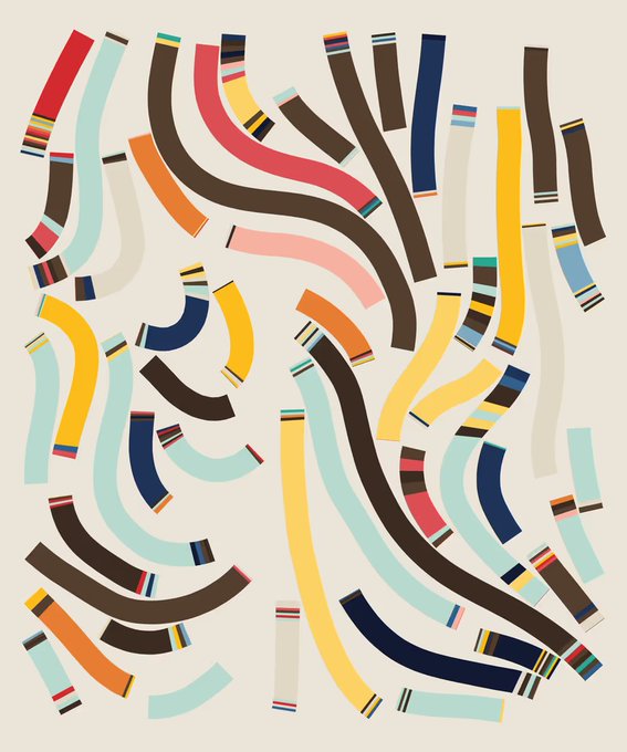 An abstract artistic illustration featuring colorful, curved, worm-like shapes in various colors including brown, yellow, blue, pink, and orange, scattered across a cream background.