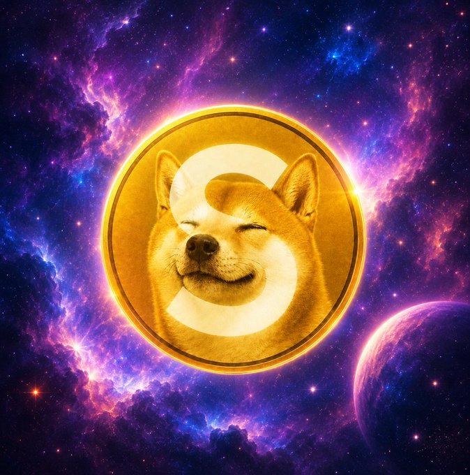 Digital artwork featuring a glowing golden coin with a smiling Shiba Inu dog face set against a vibrant purple and blue cosmic nebula background with stars and a planet.