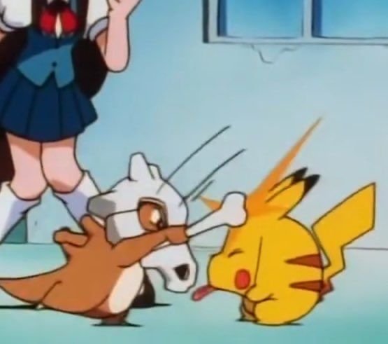 An animated scene shows a Cubone hitting Pikachu with a bone, while a girl in a school uniform stands in the background.