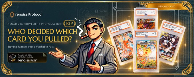 A promotional banner for 'renaiss Protocol' featuring a pixel art detective and text 'RENAISS IMPROVEMENT PROPOSAL (RIP): WHO DECIDED WHICH CARD YOU PULLED?' alongside various Pokémon trading cards.