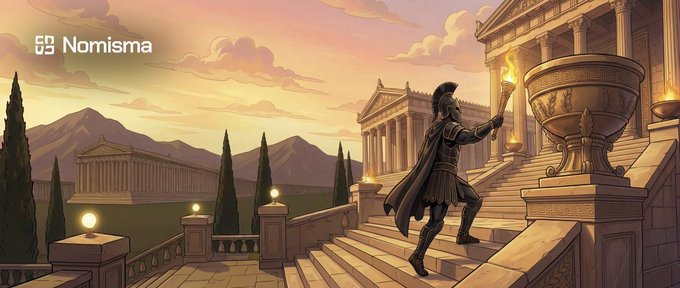 The image features a man dressed as a Roman soldier standing on a set of stairs, holding a sword and walking towards a building with a golden statue at the top. The scene takes place during sunset, creating a warm and atmospheric backdrop for the historical figure. The image is accompanied by text that reads "Nomisma Network" and "Out of 100k USDC:  25k to ImpactShare - content, visibility, getting real eyes on the project", indicating that this post is related to Nomisma's campaign or network.