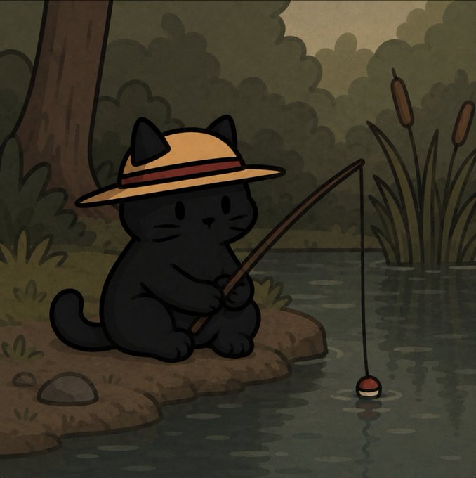 The image features a black cat wearing a yellow hat sitting by some water and holding a fishing rod, with an object resembling a fish on its paw. A caption that reads "Meow meow $MURDO will be purring its way onto pump.fun very soon! Stay tuned! #solana #pump #murdo #trade #crypto".