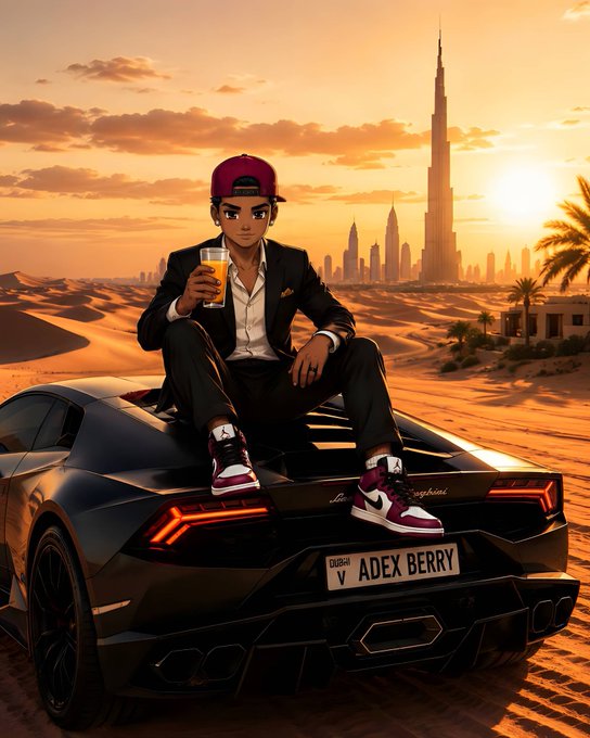An anime-style illustration features a young man wearing a red cap and sneakers, sitting on a black sports car with a "Dubai V ADEX BERRY" license plate against a desert sunset and Dubai skyline backdrop.