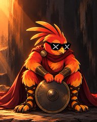 A digital illustration of a red and orange lion-like creature wearing black sunglasses with X's on the lenses, a red cape, and holding a bronze shield.
