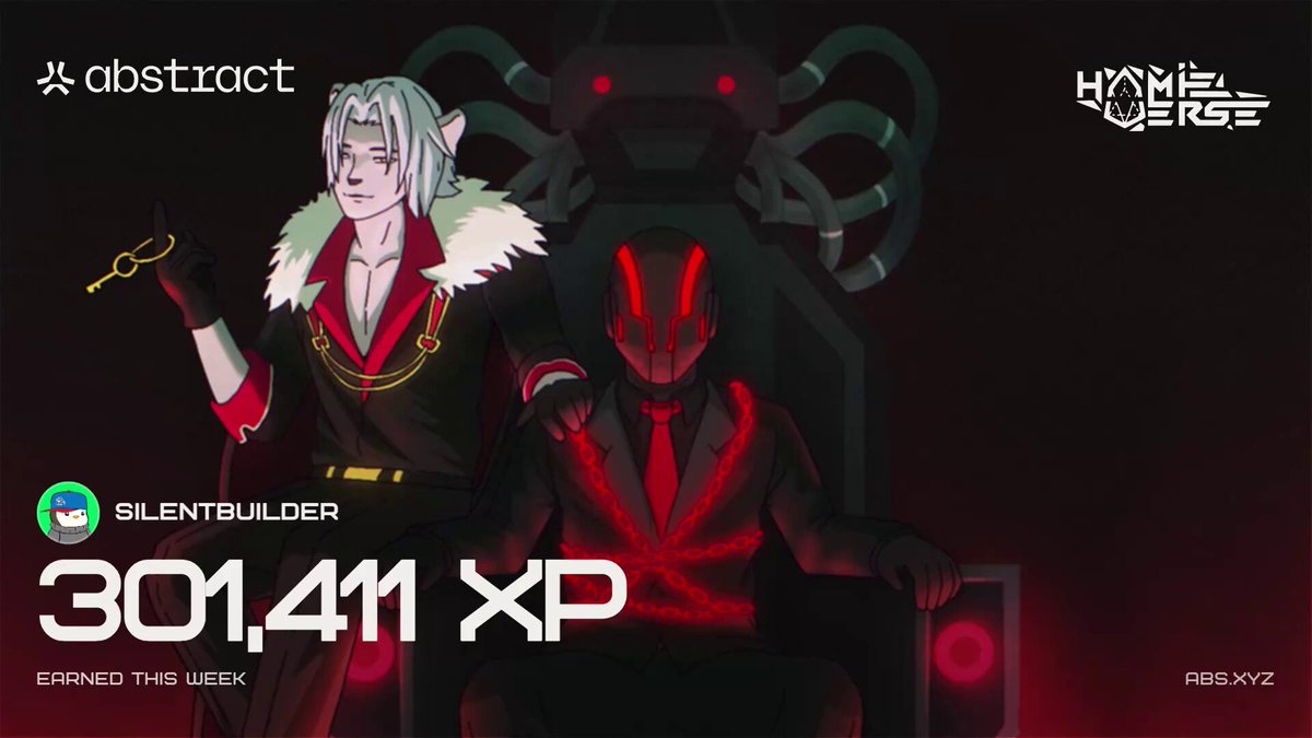 The image features a poster for an abstract art game called "Happy @AbstractChain XP Day!". The poster includes two characters, one dressed as a silentbuilder and another wearing a suit with red accents. They are standing next to each other against a dark background. The text on the poster announces that there is a giveaway for Abstract XP cards and encourages people to join in by generating their own custom Abstract XP Card.
