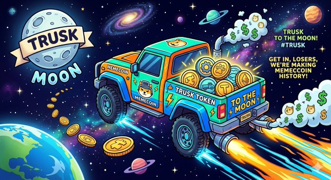 The image features a colorful truck with a cartoon character, possibly a dog or a cat, driving it through space. The truck has a large amount of money attached to its back, indicating that it might be involved in cryptocurrency trading. The background of the image is filled with stars and planets, suggesting that they are traveling through outer space. The post also mentions Trusk Moon, which could be related to the truck or the character on the truck.