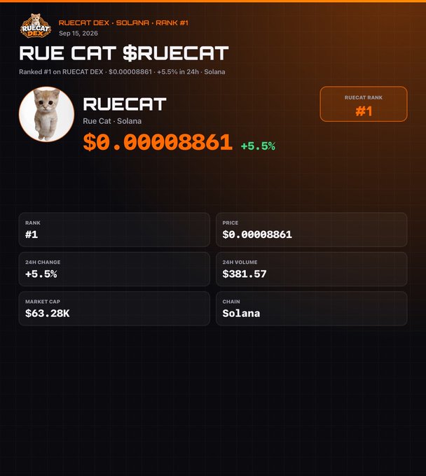 A cryptocurrency dashboard showing RUECAT $RUECAT ranked #1 on RUECAT DEX on Solana, priced at $0.00008861 with +5.5% change, $63.28K market cap, and $381.57 24h volume.