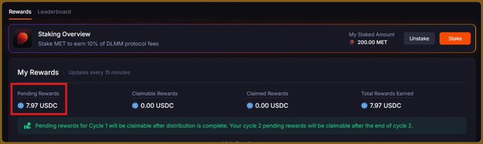 Cryptocurrency staking rewards dashboard showing 200.00 MET staked with pending rewards of 7.97 USDC highlighted in a red box, waiting to be claimed.