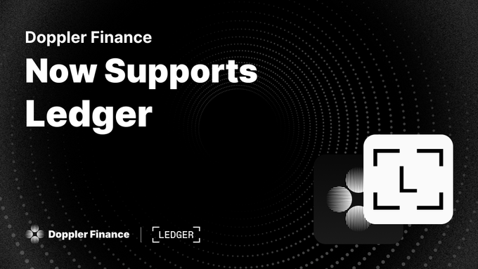 The image features a black background with white text that reads "Doppler Finance Now Supports Ledger Ledger". The text is centered, making it easy to read. Below this, there are two logos - one for Doppler Finance and another for Ledger. These logos are in the same color scheme as the text above them. The image also includes a small white circle with a black dot inside of it, which appears to be a logo or icon related to the Doppler Finance Ledger service.