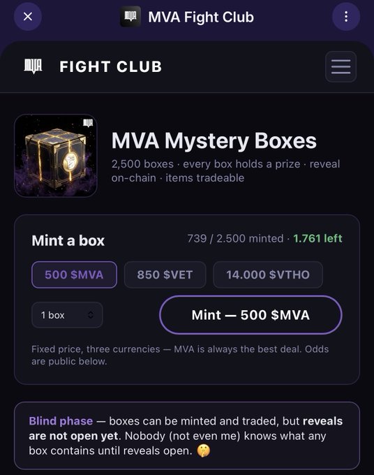Screenshot of the MVA Fight Club interface displaying MVA Mystery Boxes for minting, showing 739/2,500 minted with prices in $MVA, $VET, and $VTHO, currently in a blind phase.