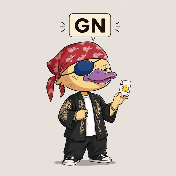 A cartoon duck character with an eye patch, red bandana, and dragon-print jacket saying 'GN' (good night) while holding a phone showing a rubber duck.