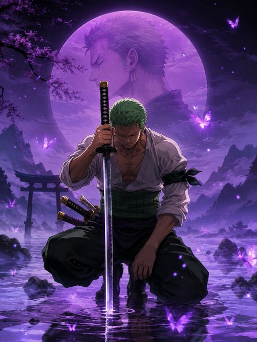 A green-haired swordsman kneels in moonlit water, planting his katana as a ghostly figure and purple butterflies glow behind him. The serene, mystical scene complements a peaceful "good night" message.
