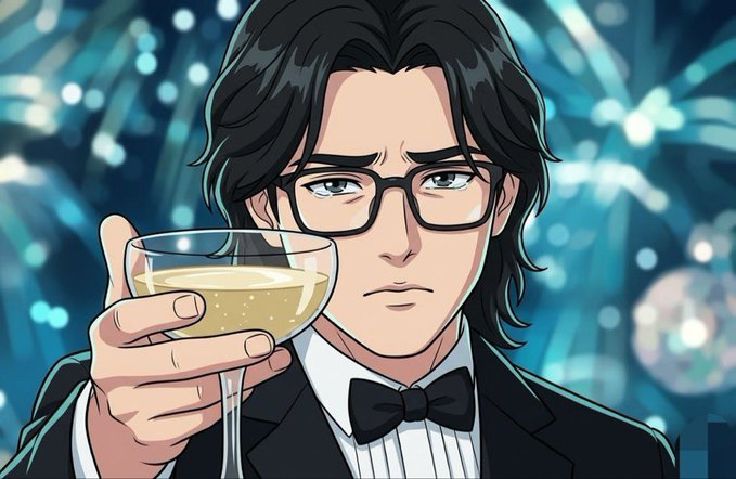 An anime-style illustration of a serious-looking man with shoulder-length black hair and glasses, wearing a black tuxedo and bow tie, holding up a coupe glass in a toast against a sparkling blue background.