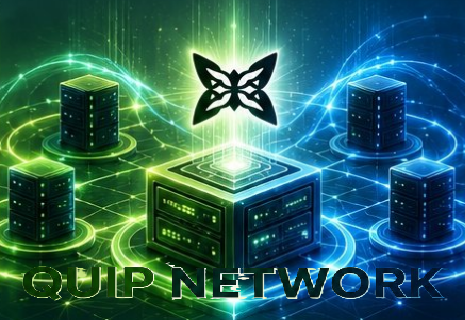 The image features a large cube with a butterfly design at its center, surrounded by five green servers. The text "UIP Network" is written below the cube, indicating that this is part of a network or marketplace related to computing power rather than focusing on the hype around the word "quantum." The main focus of the image is the unique combination of the butterfly and server design, which could represent an innovative approach to utilizing computing resources.