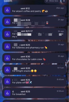 A screenshot of a Beem app feed showing various transactions like 'For airport coffee and pastry' sent $12, 'For toiletries and pharmacy run' sent $25, and 'For breakfast' sent $25.