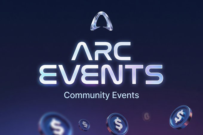 A logo for 'ARC EVENTS - Community Events' featuring a triangular symbol on a dark blue background with dollar sign coins at the bottom.