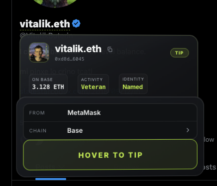 The image shows a tipping interface for "vitalik.eth" (0xd8d...6045) on the Base chain via MetaMask, displaying an account balance of 3.128 ETH, labeled as a "Veteran" with "Named" identity status. This relates to the post showing someone preparing to send crypto tips to community members, using the Base blockchain to distribute small amounts to wallets as promised.
