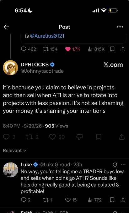 A screenshot of an X (Twitter) post from DPHLOCKS (@Johnnytacotrade) criticizing traders for selling when all-time highs arrive, with a reply from Luke (@LukeGiroud).