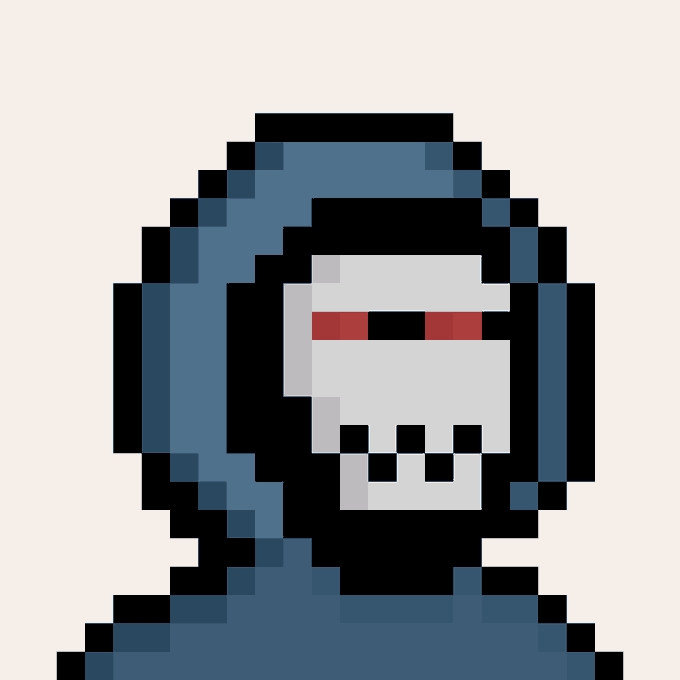 A pixel art image of a blue-hooded figure with a skull-like face, featuring glowing red eyes and a toothy grin.