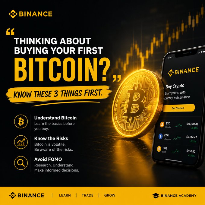 A Binance promotional graphic titled 'THINKING ABOUT BUYING YOUR FIRST BITCOIN?' advises viewers to 'Understand Bitcoin', 'Know the Risks', and 'Avoid FOMO', displaying cryptocurrency prices for BTC ($56,301.42), ETH ($3,214.47), and BNB ($557.80).