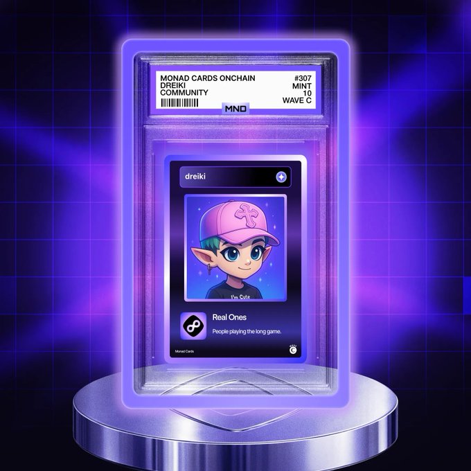 A digitally rendered 'MONAD CARDS ONCHAIN' collectible card #307, MINT 10, WAVE C featuring a cartoon elf-like character wearing a pink cap, displayed in a glowing purple case on a pedestal.