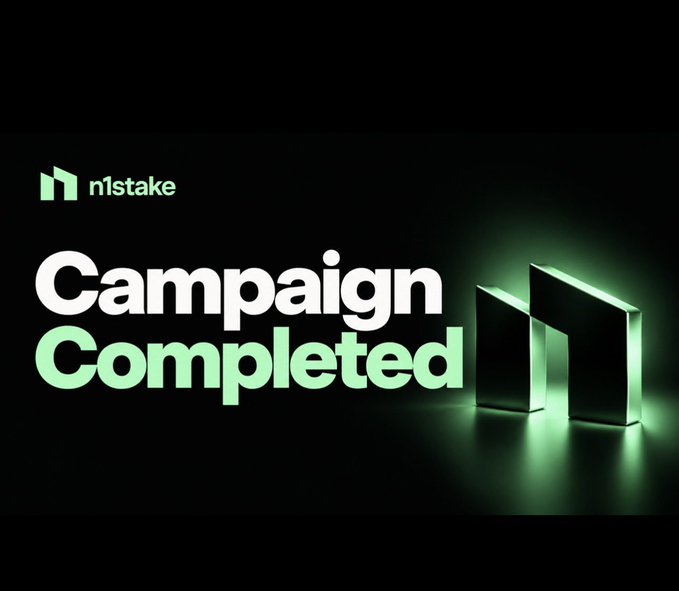 A digital graphic with the logo 'mlstake' and large text reading 'Campaign Completed' next to an illuminated 3D geometric object in green.