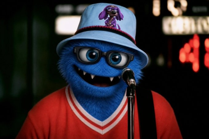 A blue furry character wearing glasses and a light blue bucket hat featuring a purple dog illustration speaks into a microphone while wearing a red shirt.
