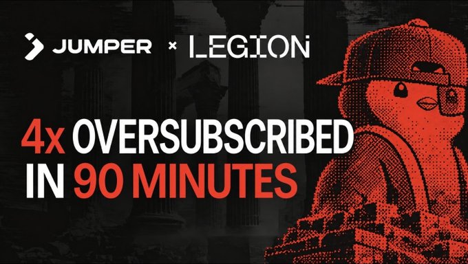 A promotional graphic for 'JUMPER × LEGION' announcing '4x OVERSUBSCRIBED IN 90 MINUTES' featuring a red pixelated character.