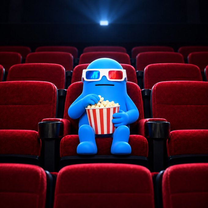 A blue cartoon character wearing red and blue 3D glasses sits in a red cinema seat holding a striped bucket of popcorn.