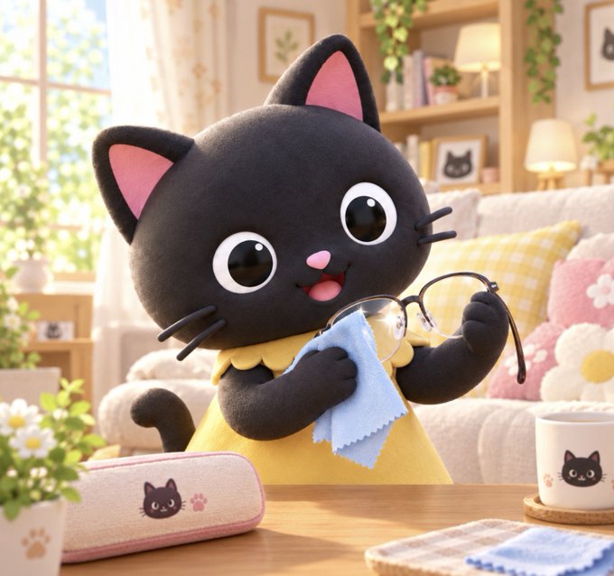 Cute 3D-rendered illustration of a black cartoon kitten character wearing a yellow dress, cleaning glasses with a blue cloth in a cozy, plant-filled living room.
