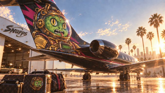 A private jet with colorful artwork featuring a green cat-like character and 'Snurps' branding is parked on a tarmac with palm trees and a city skyline at sunset.