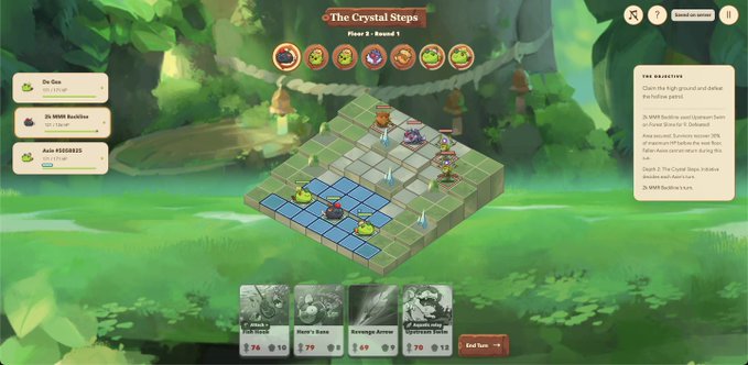 A screenshot of the strategy game 'The Crystal Steps' showing a grid-based tactical battle scene with green forest theme and character ability cards at the bottom.