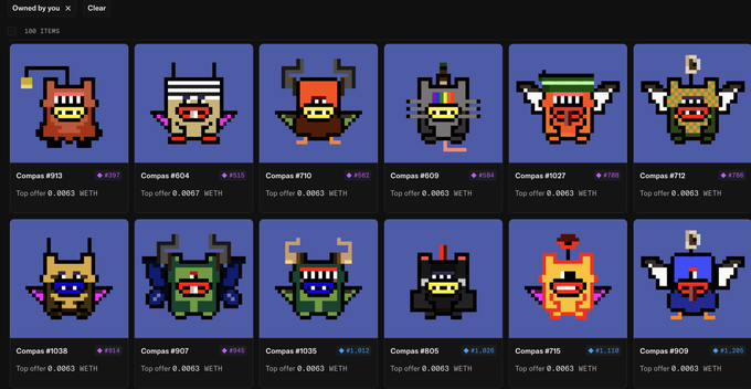 A grid of 12 pixel-art NFT avatars called "Compas" from the harto_fr collection, each priced at 0.0063 ETH with varying offer amounts (e.g., Compas #913 at 0.9377 ETH, Compas #1027 at 0.7280 ETH), displayed against blue backgrounds in an NFT marketplace interface. The image showcases the diverse, colorful character designs (#913, #604, #710, #609, #1027, #712, #038, #907, #1035, #805, #71, #509) that align with the post's enthusiasm for the harto_fr Compas project.