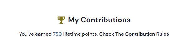 The image shows a "My Contributions" badge with a trophy icon, displaying "You've earned 750 lifetime points," along with a link to "Check The Contribution Rules." This aligns with the post celebrating reaching 750 ARC points on Arc House ahead of the mainnet launch on September 16.