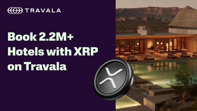 A Travala promotional banner advertises "Book 2.2M+ Hotels with XRP on Travala," featuring the company's logo and a luxurious desert hotel with a pool, alongside a prominent XRP cryptocurrency coin—directly addressing the tweet's inquiry about accepted cryptocurrencies by highlighting XRP as a booking option on the platform.