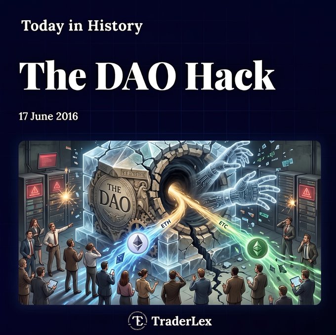 A graphic representation of someone draining a digital piggy bank with three dollar bills disappearing from the account. The text reads "Today in History", and there's an announcement about a DAO hack that happened overnight, where a single coding error caused a $50 Billion loss. It is related to the post because it provides a visual illustration of the DAO bug, representing how a hacker exploited the vulnerability and drained the funds from the account within 10 years.