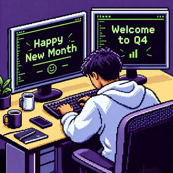 Pixel art of a person at a desk with dual monitors, the left screen displaying "Happy New Month" and the right showing "Welcome to Q4".