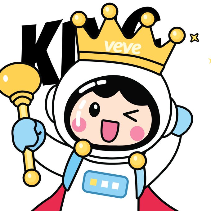 A cartoon mascot character in a white spacesuit and a yellow crown labeled 'veve', winking and holding a gold scepter.