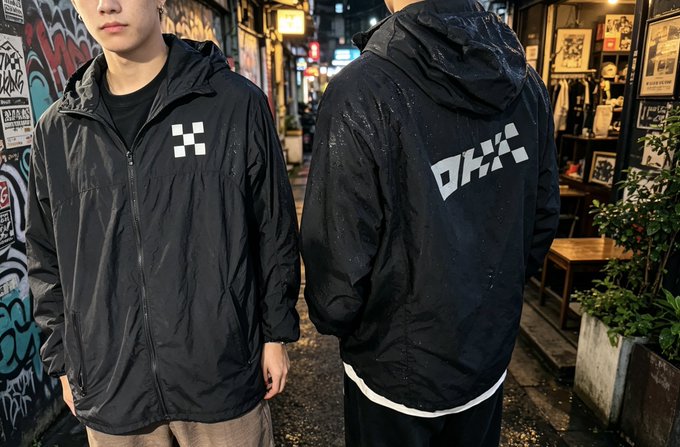 Two views of a model wearing a black hooded jacket featuring a checkered logo on the front and "OKX" branding on the back, photographed in a graffiti-lined alley to showcase the water-resistant outerwear's street style appeal.