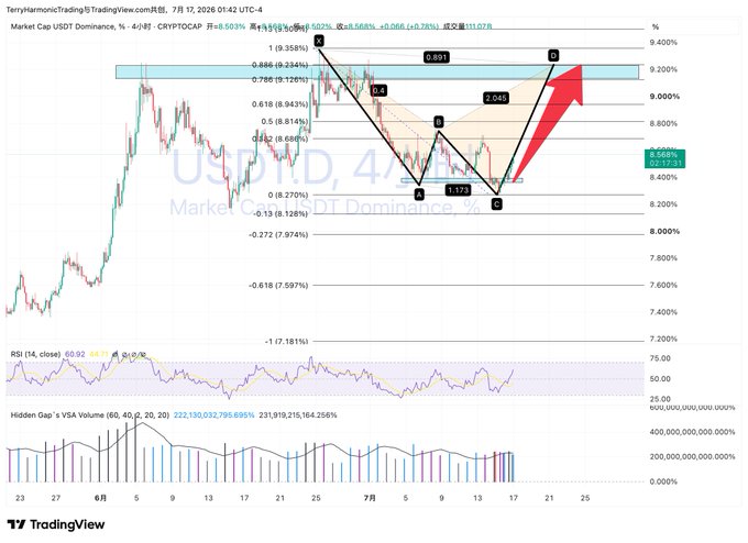 A TradingView chart of USDT.D (Market Cap USDT Dominance) on a 4-hour timeframe dated July 17, 2026, showing a harmonic shark pattern (points 0-X-A-B-C with ratios 0.886 and 1.13) projecting a bullish move toward 9%+, accompanied by RSI and Hidden Gap indicators. The post notes that USDT dominance is heading back above 9% via a shark pattern, signaling a prolonged grinding market throughout July.