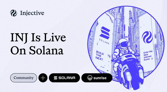 A promotional banner announcing "INJ Is Live On Solana" for Injective, featuring a blue-toned illustration of an astronaut on a motorcycle in a city.