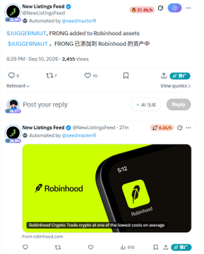 An X (Twitter) post by "New Listings Feed" (@NewListingsFeed) dated Sep 10, 2026 announces "$JUGGENAUT, $FRONG added to Robinhood assets," accompanied by a Robinhood crypto promotional image.