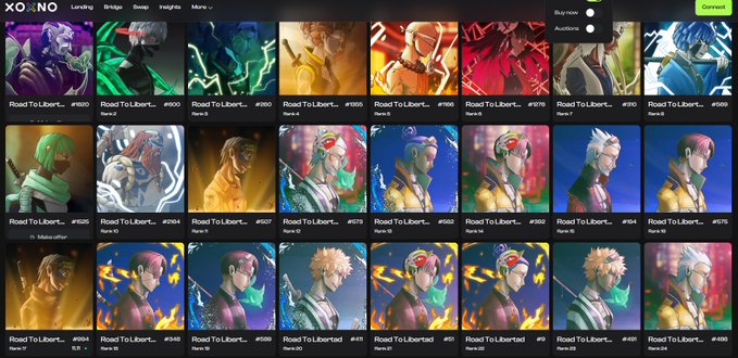 Screenshot of the XONO NFT marketplace displaying a collection of anime-style character portraits with various titles like 'Road To Libert...'.