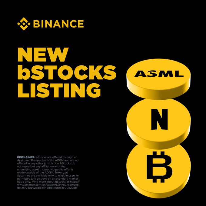 Binance announces a new bStocks listing featuring ASML, N (Nvidia), and BTC (Bitcoin) as tokenized stocks available on their exchange platform. The promotional graphic showcases these three yellow coin-stacked representations against a black background, aligning with Binance's "Exchange The World" campaign offering 10 different bStock pairs.