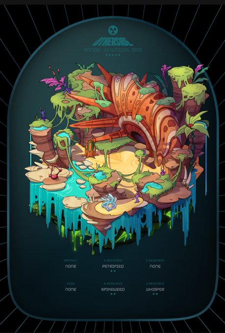 A digital illustration titled "MESSIAH GANGS OF CHEMICAL GOD" depicts a vibrant, fantastical landscape with floating islands, giant mushrooms, and crystalline structures, along with text labels like "ARTIFACT none", "ASGA none", "R RESOURCE PETRIFIED", "R RESOURCE SPINSWEED", and "X RESOURCE WHISPER".