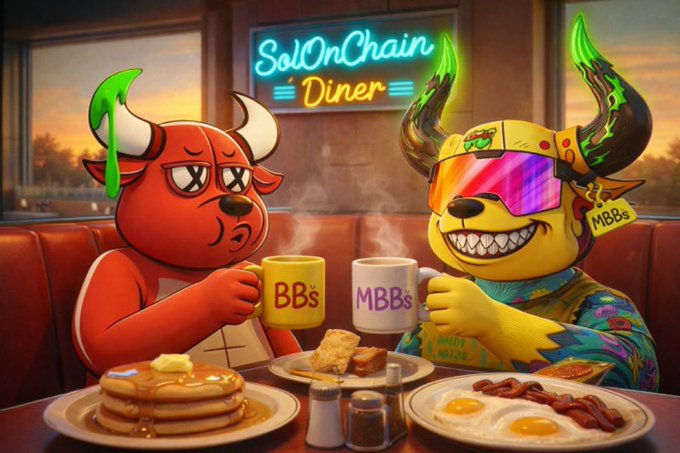 A cartoon illustration of two horned characters sitting in a diner booth under a neon sign reading 'SolOnChain Diner,' holding mugs labeled 'BB$' and 'MBB$' with pancakes, eggs, and bacon on the table.