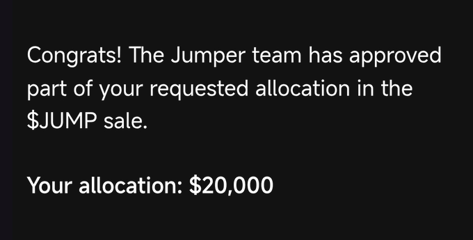 A $JUMP sale allocation notification displays "Congrats! The Jumper team has approved part of your requested allocation in the $JUMP sale. Your allocation: $20,000," supporting the post's praise of Jumper as an equitable and ambitious project.
