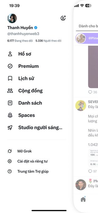 A screenshot of an X (Twitter) profile menu for 'Thanh Huyền' (@thanhhuyenweb3) showing options like 'Hồ sơ', 'Premium', 'Lịch sử', and 'Spaces' in Vietnamese.